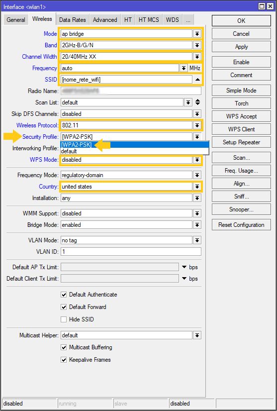 configurazione del wifi mikrotik