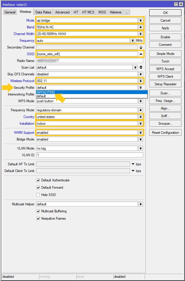 configurazione del wifi mikrotik