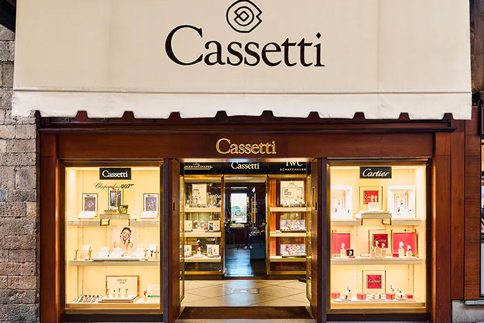 facciata con vetrina negozio cassetti gioielli, ponte vecchio firenze, cliente Timenet
